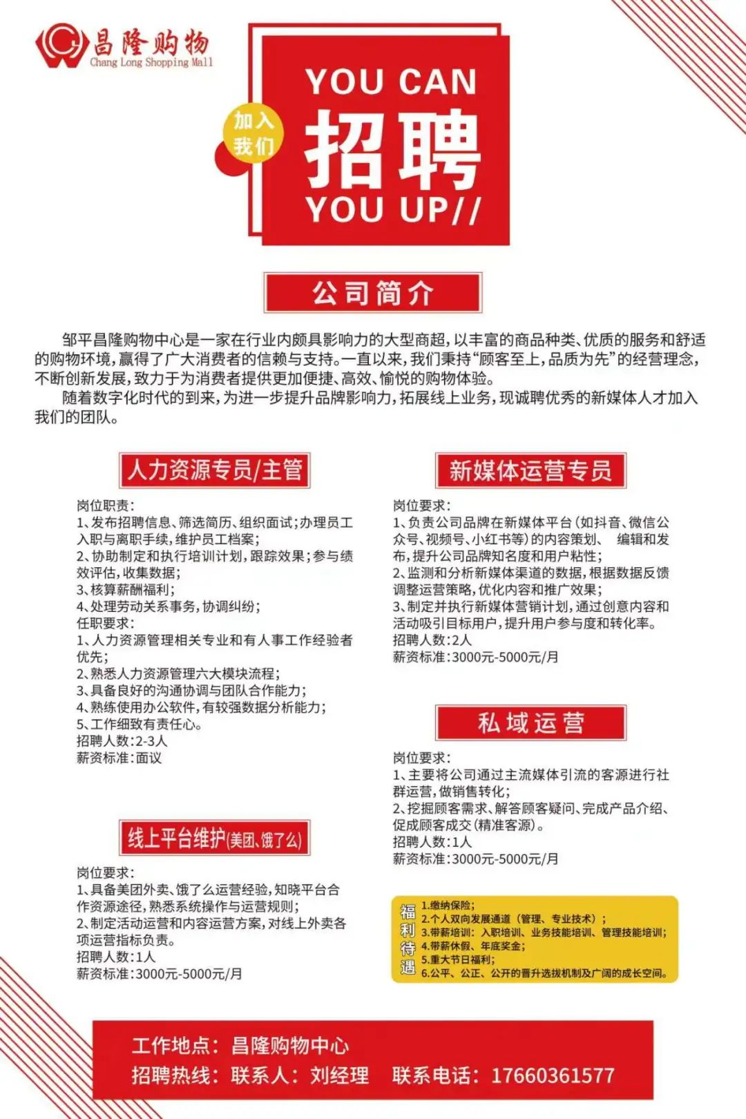 邹平昌隆购物中心招聘人力资源专员,主管,新媒体运营专员,线上平台维护,私域运营人员